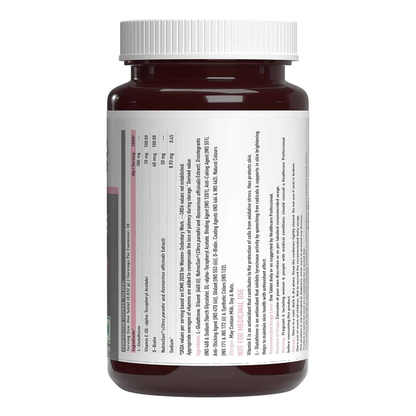 TrueBasics Glutathione (30 Tablets) | With Nutroxsun, Biotin & Vitamin E | For Healthy & Youthful Skin