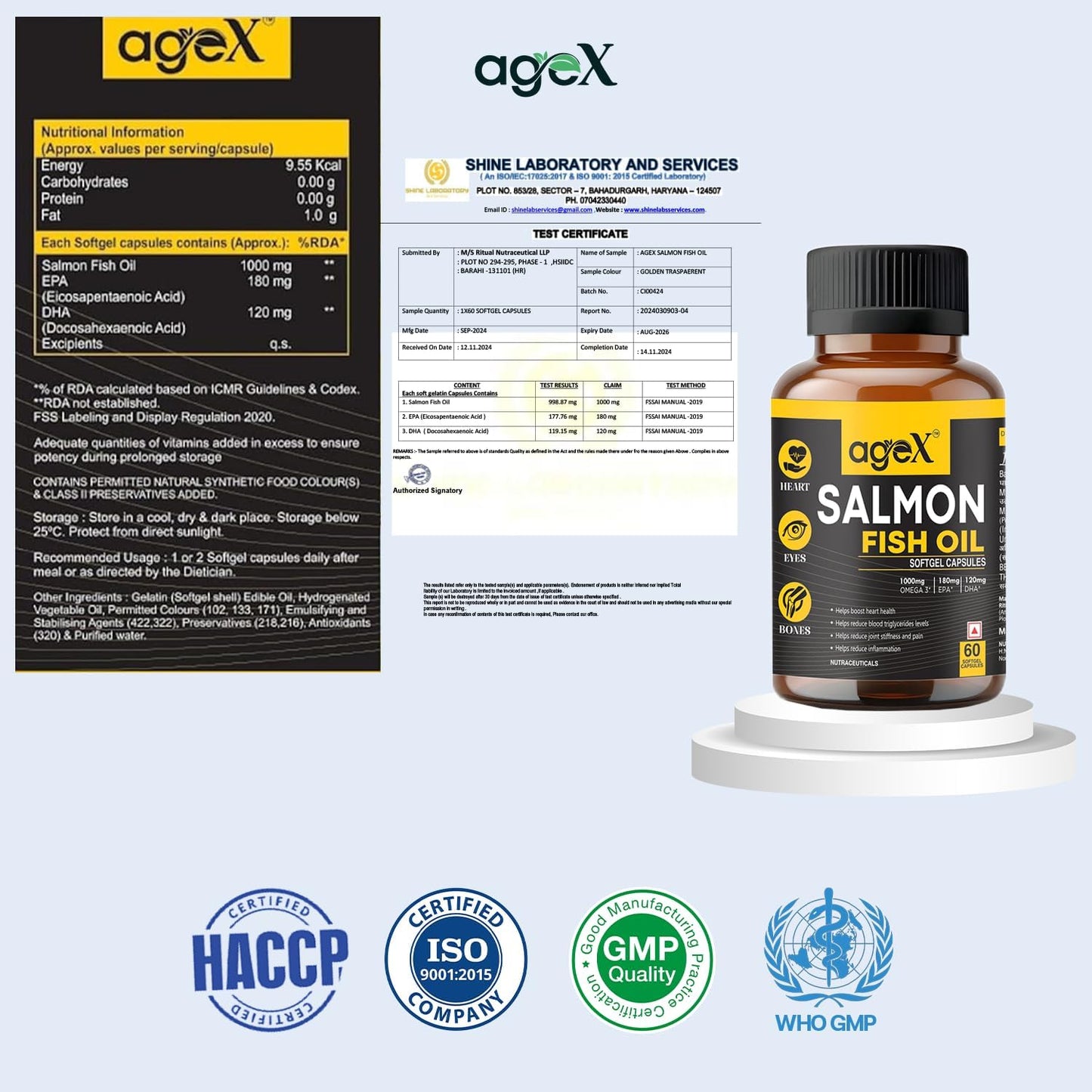 Omega 3 Fish Oil Capsules 1000mg | 180mg EPA + 120mg DHA | High Absorption Triglyceride Form | No Fishy Burps | Mercury-Free Salmon Oil | 60 Softgels (Pack of 1)