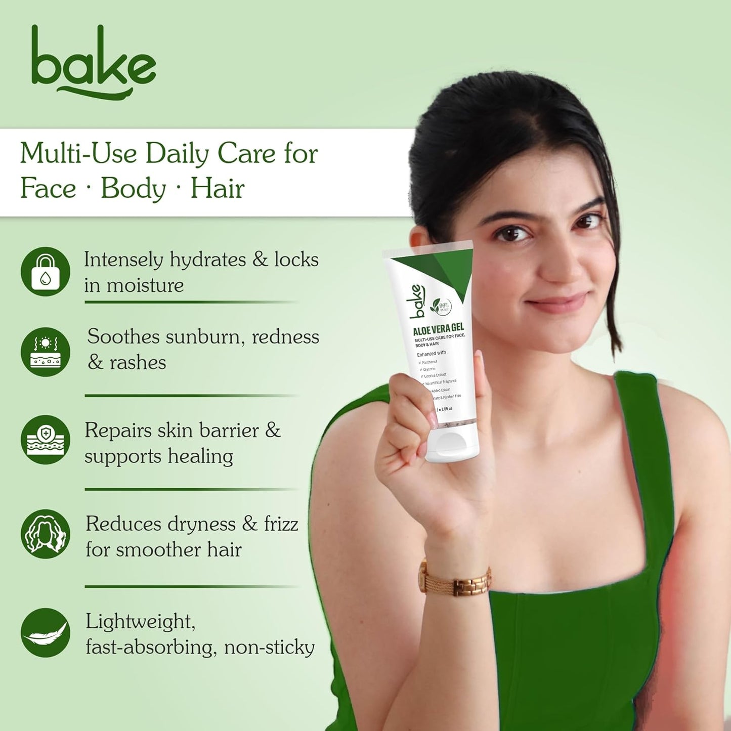BAKE 99% Pure Aloe Vera Gel (200g) For Face, Body & Hair With Panthenol & Glycerin | Hydrates Skin, Reduces Dryness & Non Sticky | Enriched Proven Actives | For Men & Women - 200g
