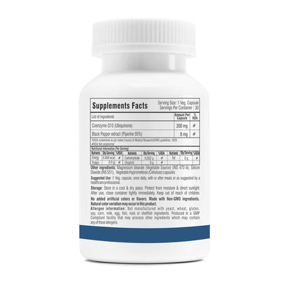 Trexgenics COENZYME Q10 200 mg USP grade Ubiquinone (Ubidecarenone) with Piperine 8 mg Antioxidant, Cellular Energy, Heart Health (30 Veg Capsules)