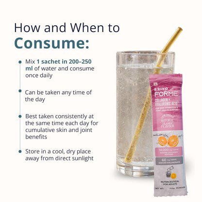 Briyo Forme Collagen + Hyaluronic Acid | 1 Sachet 10g Hydrolyzed Marine Collagen with 60mg Hyaluronic Acid | Orange Flavored Daily Drink Mix for Skin Hydration, Joint Support, Anti-Aging & Bone Strength | No Sugar