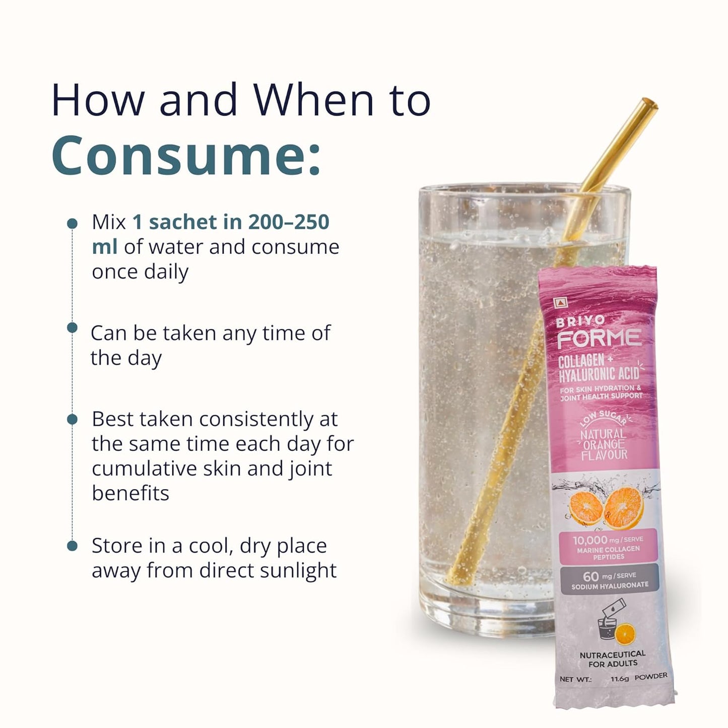 Briyo Forme Collagen + Hyaluronic Acid | 10g Hydrolyzed Marine Collagen with 60mg Hyaluronic Acid | Orange Flavored Daily Drink Mix for Skin Hydration, Joint Support, Anti-Aging & Bone Strength