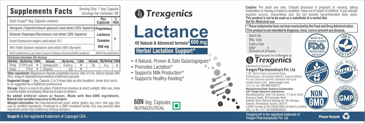 Trexgenics LACTANCE Lactation Support 4X Galactagogues 600 mg VEGAN & NON-GMO (60 Veg. Capsules) (Pack of 1)