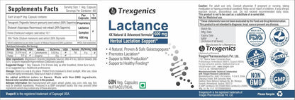 Trexgenics LACTANCE Lactation Support 4X Galactagogues 600 mg VEGAN & NON-GMO (60 Veg. Capsules) (Pack of 1)