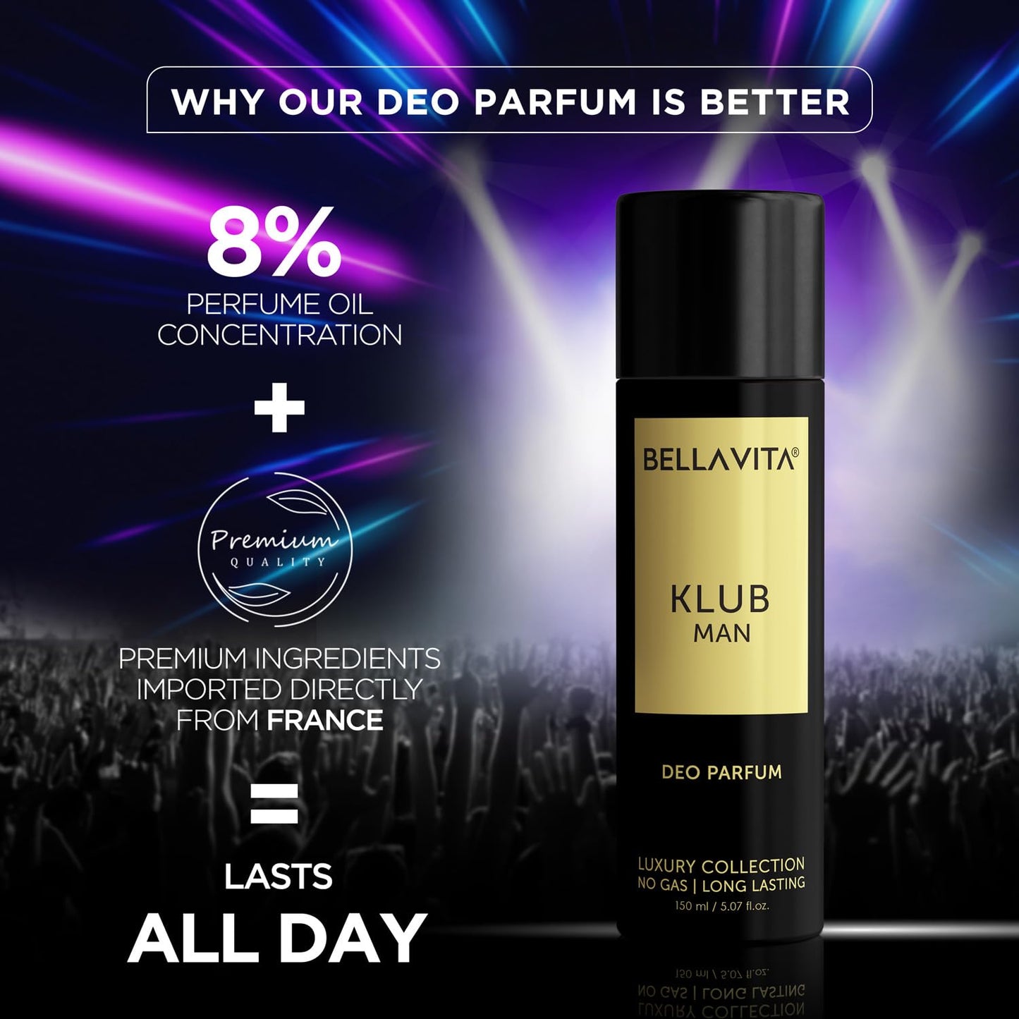 Bella Vita KLUB Men Body Perfume 150ml | No Gas Deo for Men | Deodorants Man | Long Lasting Spicy and Musky Fragrance with Refreshing Lemon, Rose Petals & Warm Vanilla Notes