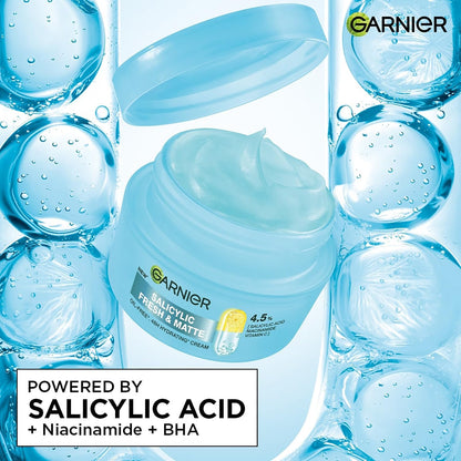 Garnier Fresh & Matte Salicylic Acid Sorbet Moisturizer Cream, 4.5% Salicylic Acid + Niacinamide + Vitamin C, 9x Lighter Sorbet Cream, For Hydration & Oil Control, Suitable for Oily to Normal & Combination Skin, 45g
