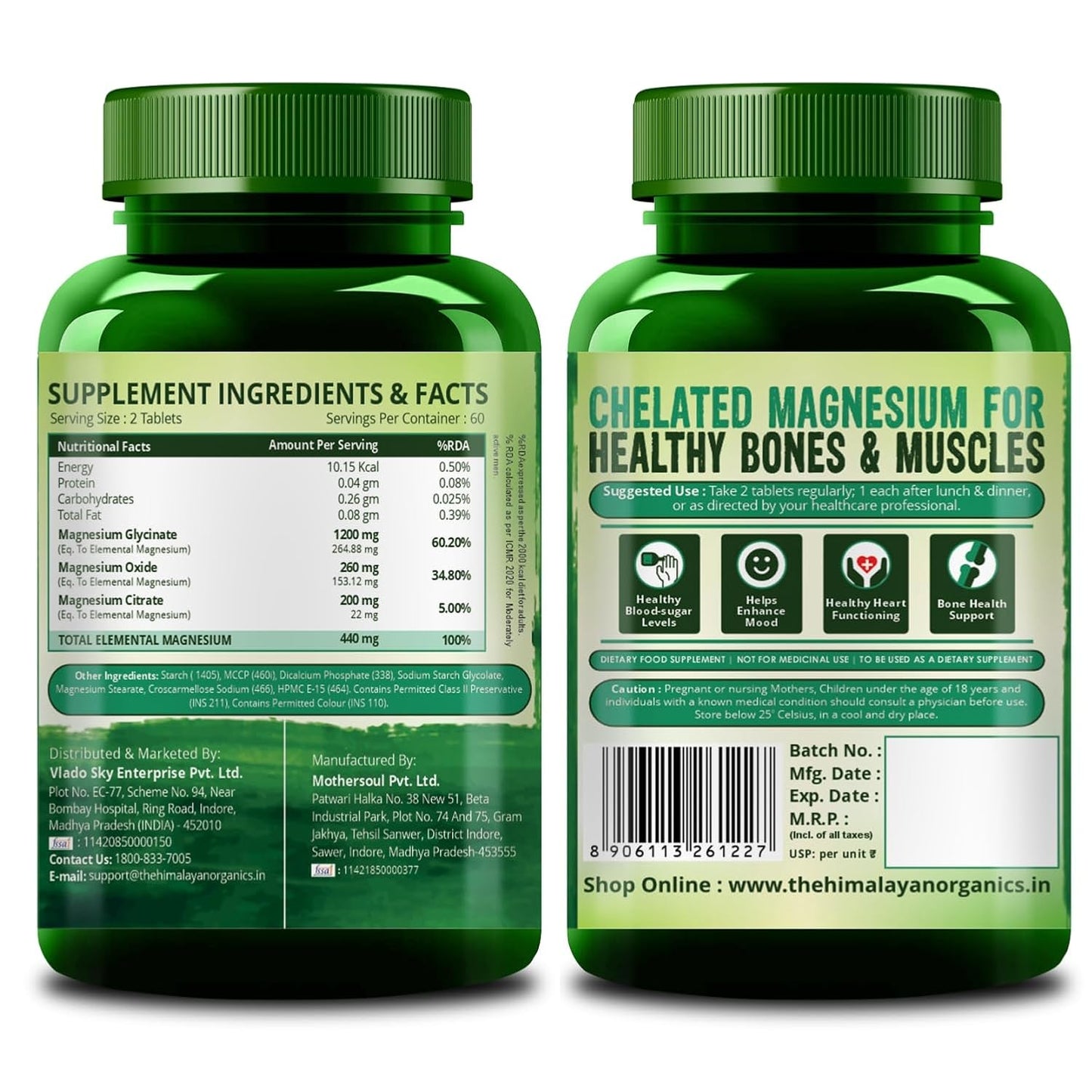 Vladoâ€™s Himalayan Organics Magnesium Citrate + Glycinate + Oxide Complex 1660 mg - Triple Magnesium Complex Supplement For Men And Women | Boost Heart, Nerve & Muscle Health | Good For Strong Bones | Clinically Proven - 120 Vegetarian Tablets