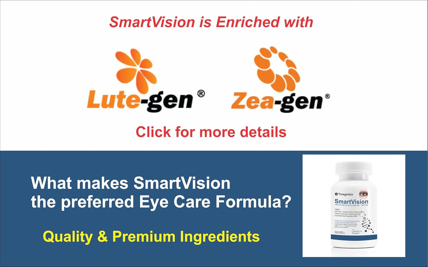 Trexgenics Smartvision Advanced Eye Care Multivitamin with Lutein, Zeaxanthin, Bilberry, Green Tea, Vitamin A, d, e, c, B-Complex and Minerals One-a-Day Formula for Digital Age -60 Veg. Capsules
