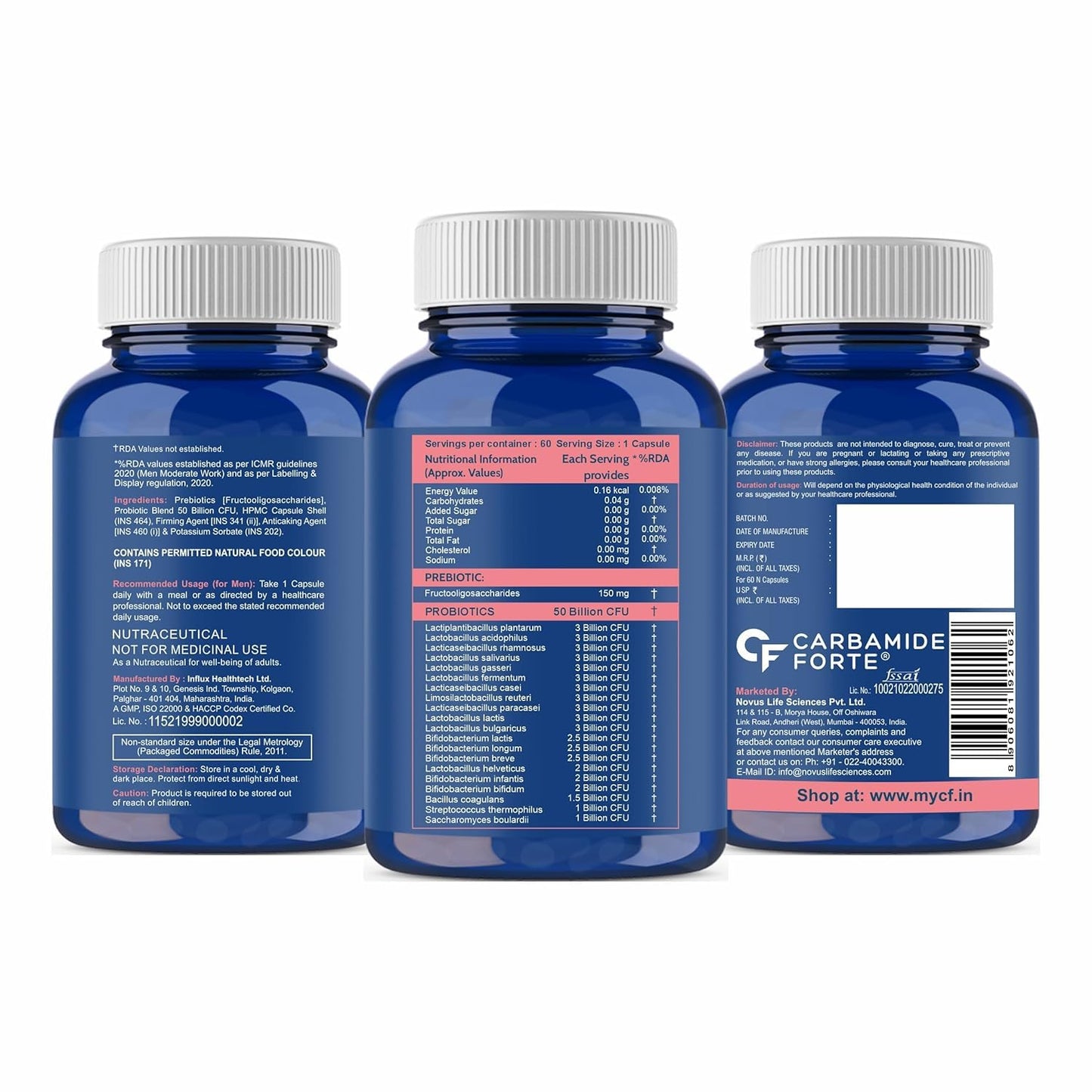 Carbamide Forte Probiotics Supplement 50 Billion CFU Gut Health Supplements with Probiotic | Gut Cleanse with Prebiotics and Probiotics â€“ 60 Capsules