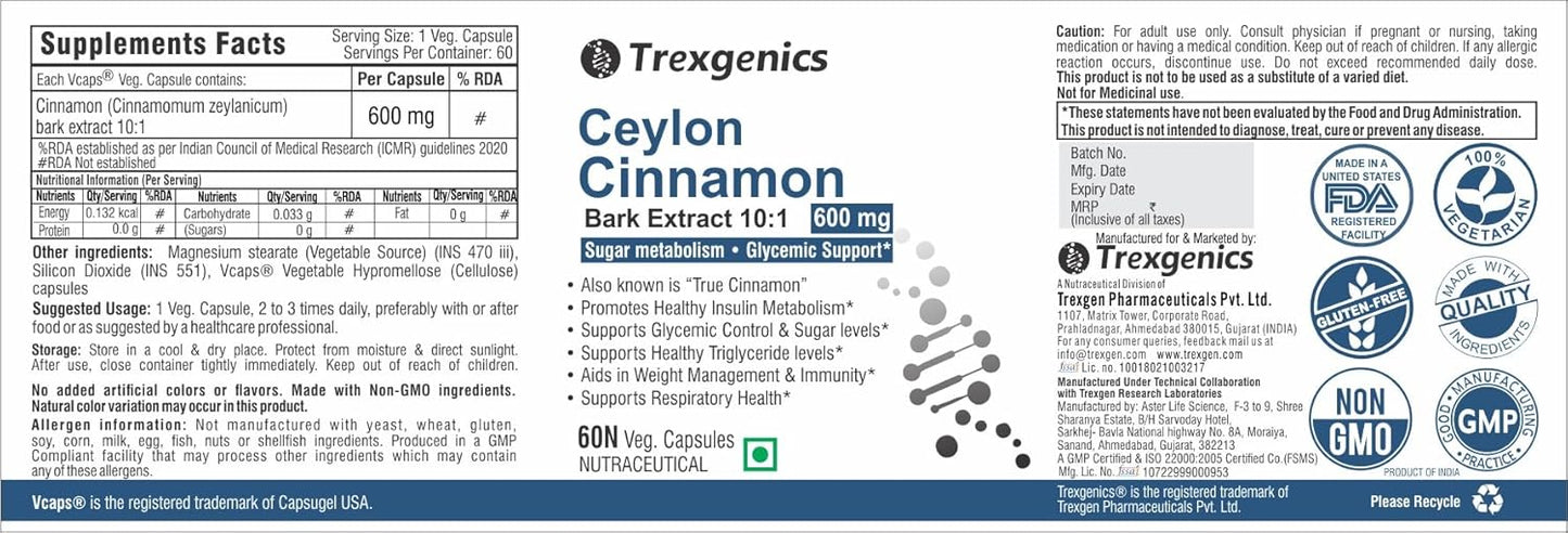 Trexgenics CEYLON TRUE CINNAMON 600 mg Diabetic Care, Sugar Level Support VEGAN & NON-GMO (60 Veg. Capsules) (Pack of 1)