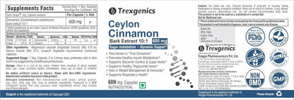 Trexgenics CEYLON TRUE CINNAMON 600 mg Diabetic Care, Sugar Level Support VEGAN & NON-GMO (60 Veg. Capsules) (Pack of 1)