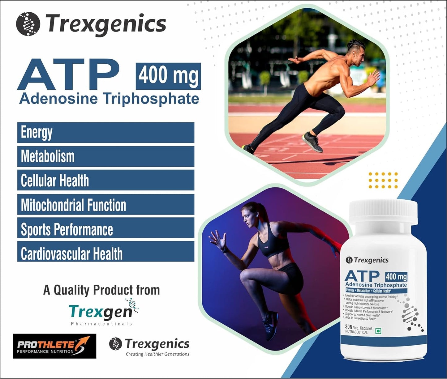 Trexgenics ATP Adenosine Triphosphate 400 mg Energy, Metabolism, Endurance, Cellular Health VEGAN & NON-GMO (30 Vcaps) (Pack of 1)