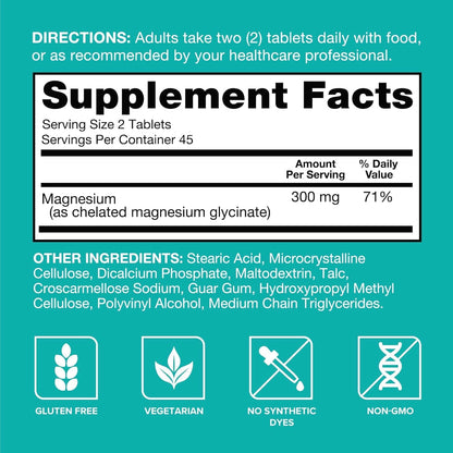 Qunol Magnesium Glycinate 300mg, 100% Glycinate Chelated Magnesium Supplement, 90ct Tablets