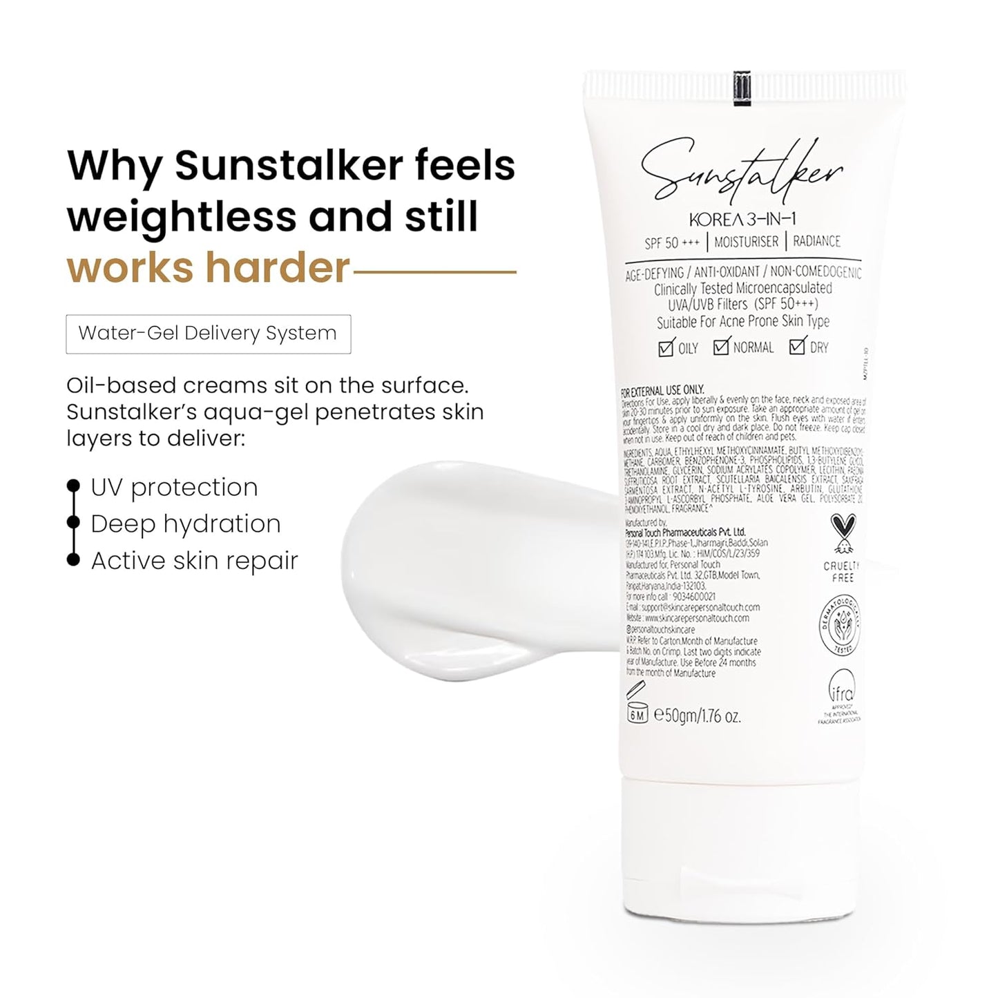 Personal Touch Sunscreen SPF 50 PA+++ for Face | Sunstalker Korea 3 in 1| Lightweight Sunscreen with No White Cast | Non-Greasy, Acne Safe & Oil-Free | With Niacinamide | For Oily & Dry Skin | 50 ml