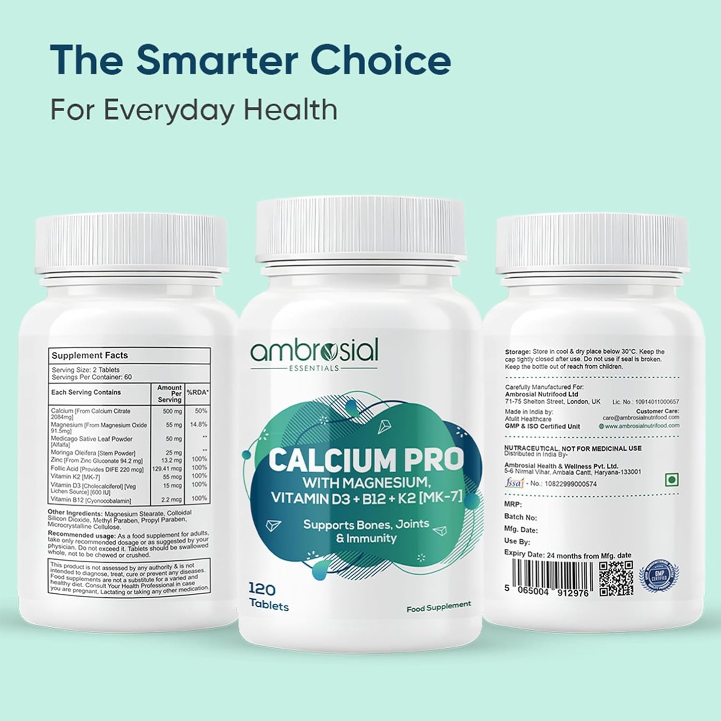 Ambrosial Calcium Pro & Vitamin D3 Tablets with Magnesium, Zinc, Vitamin K2 MK-7 & B12 | Calcium Citrate Malate Supplement With Alfalfa & Moringa Extracts for Men & Women | 120 Vegetarian Tablets