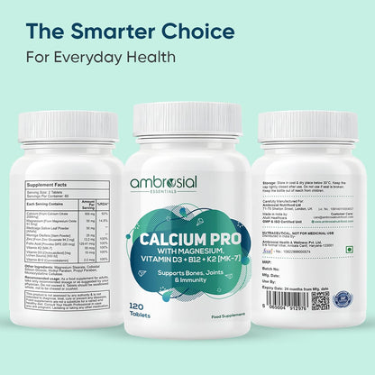 Ambrosial Calcium Pro & Vitamin D3 Tablets with Magnesium, Zinc, Vitamin K2 MK-7 & B12 | Calcium Citrate Malate Supplement With Alfalfa & Moringa Extracts for Men & Women | 120 Vegetarian Tablets