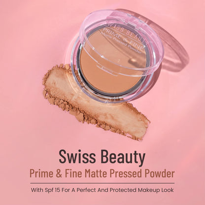 SWISS BEAUTY Prime & Fine Matte Pressed Powder, Natural-Beige, 10 g