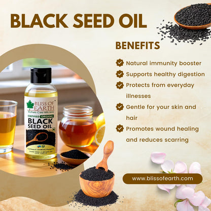 Bliss of Earth Certified Organic Black Seed Oil | Kalonji Oil | 100GM | Immune System Booster | Digestive Support | Great For Hair Health | Gluten Free | Cold Pressed | Unrefined | Hexane Free |
