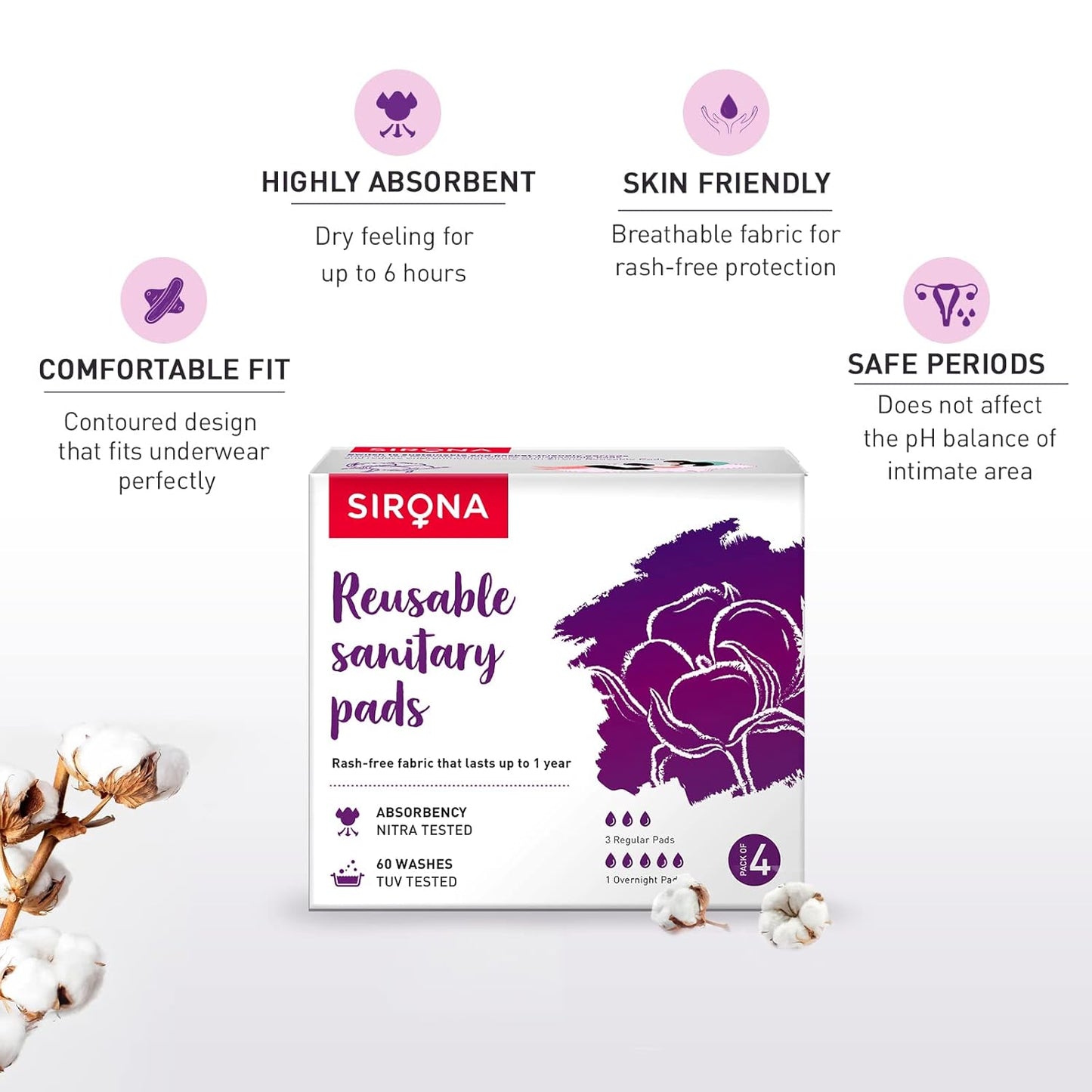 Sirona Reusable Pad for Women and Girls | (Pack of 4)| 3 Regular Pads + 1 Overnight Pad | Soft Cloth Pads for Women for Period, Reusable Rash Free Fabric, Skin Friendly, Lasts Up To 1 Year