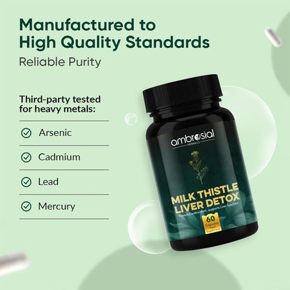 Ambrosial Milk Thistle Liver Detox Supplement| Milk Thistle Capsules for Liver with Dandelion Root | High Strength Herbal Antioxidant Complex for Liver Support (Pack of 1-60 Capsules)