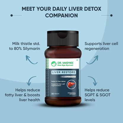 Dr. Vaidya Liver Restore Tablets | Ayurvedic Liver Detox & Care Supplement | Supports Liver Health, Cleansing, Digestion & Metabolism | With Milk Thistle, Triphala, Dandelion | 30 Tablets