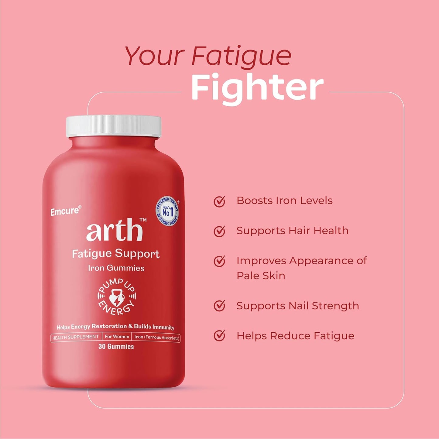 Arth Iron Supplement For Women | High Absorption Ferrous Ascorbate (67%) | With Folic Acid | Boosts Hemoglobin & Energy Levels | Reduces Fatigue & Lethargy | Emcure Pharma | 30 Iron Gummies