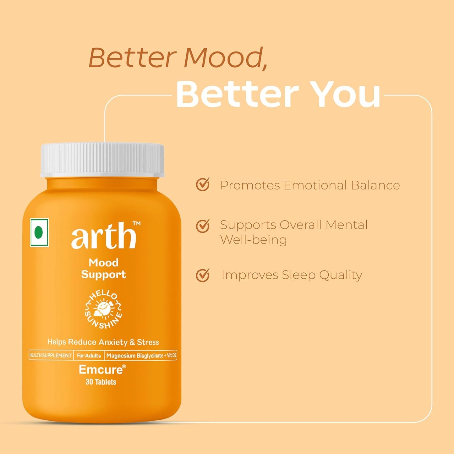 Arth Chelated Magnesium Bislycinate Supplement | With Vitamin D2 & Vitamin B6 | 200mg Elemental Magnesium | Supports Muscle Recovery, Relaxation & Better Sleep|Helps Reduce Stress & Anxiety | For Men & Women | 30 Veg Tablets