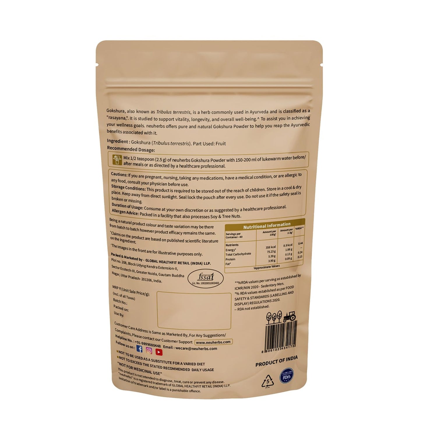 Neuherbs Gokshura Powder - 100g | Tribulus Terrestris/Gokhru Churna For Men | Boost Energy, Strength & Testosterone | 100% Pure & Natural | Non GMO With No Added Preservatives