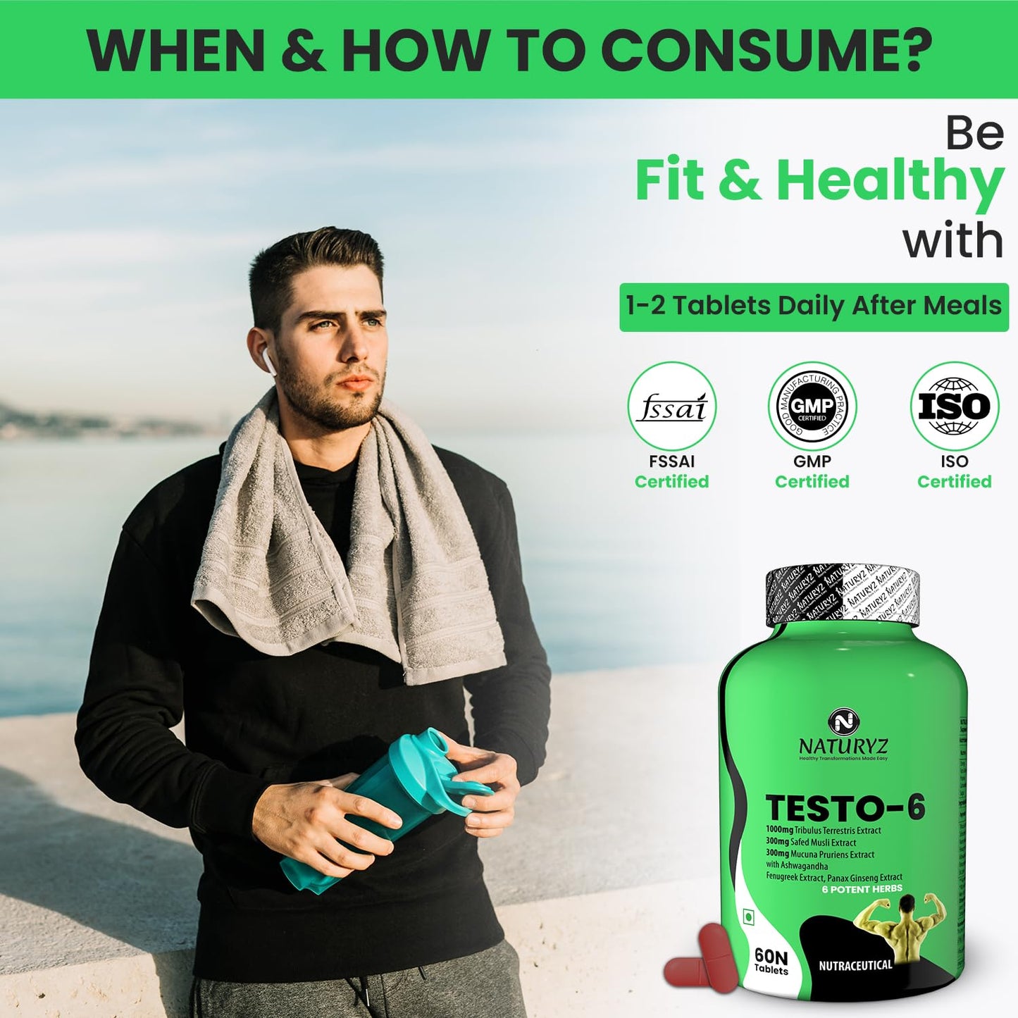 Naturyz Testo-6 Plant based Supplement For Men 2100mg per serving with Maximum Strength 1000mg Tribulus Terrestris, Safed Musli, Kaunj, Ashwagandha for Muscle gain, Stamina & Strength - 60Tablets