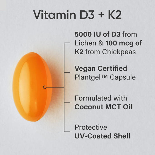 Sports ResearchÂ® Vitamin D3 + K2 w/Coconut Oil - Vegan Vitamin D 5000iu (125mcg) & Mk7 Vitamin K 100mcg for Bone & Immune Support - Vegan Certified Â· Non-GMO Â· Soy Free - 30 Softgels