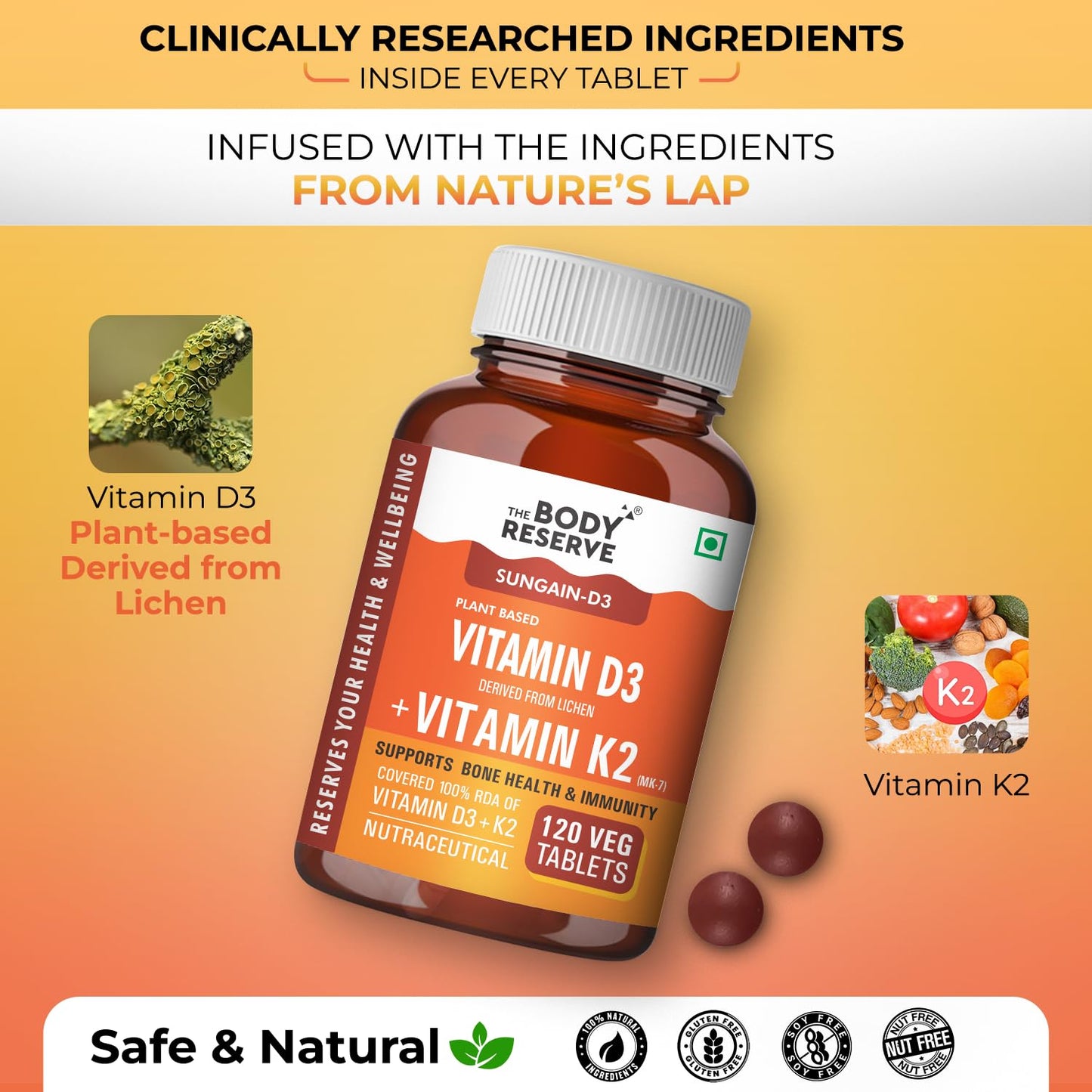 The Body Reserve Vitamin D3 K2 MK7-120 Veg Tablets, 100% RDA Plant-Based Vitamin D3 Supplement from Lichen Source with Vitamin K2 as MK7 Menaquinone