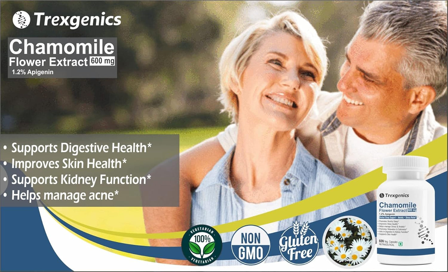 Trexgenics CHAMOMILE 1.2% Apigenin 600 mg Sleep, Relexation, Kidney & Urinary tract support VEGAN & NON-GMO (60 Veg. Capsules) (Pack of 1)