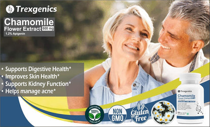 Trexgenics CHAMOMILE 1.2% Apigenin 600 mg Sleep, Relexation, Kidney & Urinary tract support VEGAN & NON-GMO (60 Veg. Capsules) (Pack of 1)