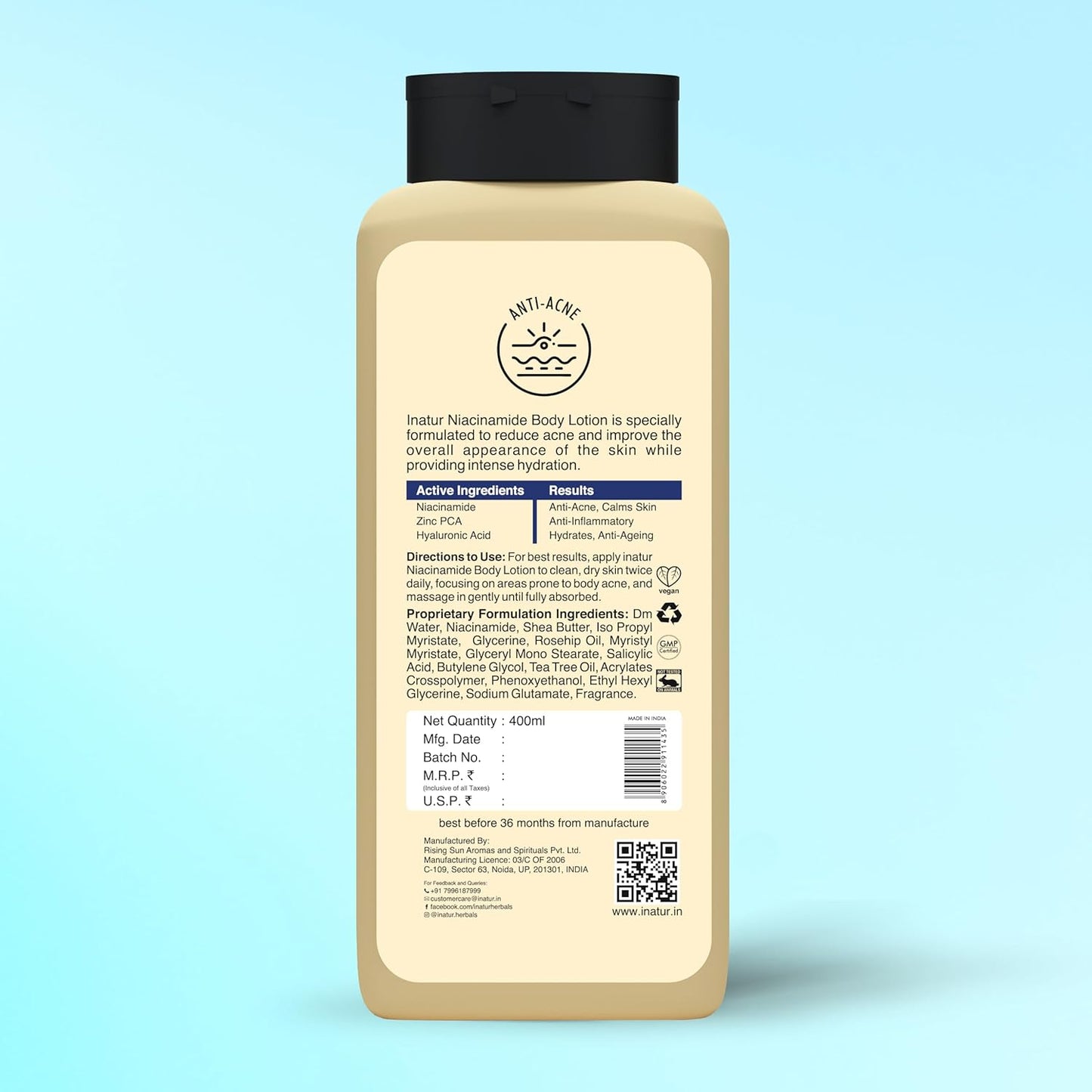 inatur Niacinamide Body Lotion 400ml â€“ Anti-Acne Moisturizer with 2% Salicylic Acid, Zinc PCA & Hyaluronic Acid | Sulphate-Free Formula for Smooth, Hydrated Skin | Deep Nourishment & Oil Control