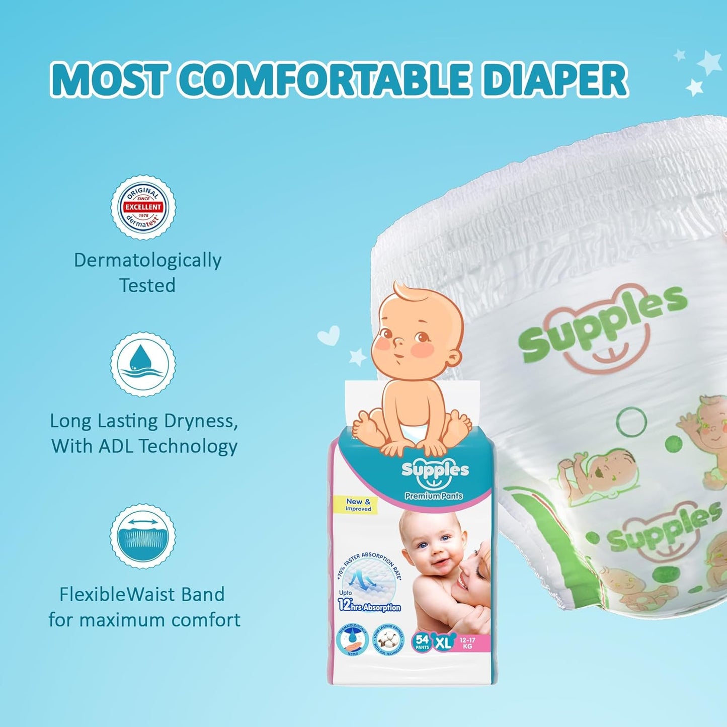 Supples Premium Baby Diaper Pants | 54 Baby Diapers | XL | 12-17 Kg | 12 Hrs Absorption | Cushiony Cotton Soft Fabric | Phthalates-Free | Triple Leak Guard