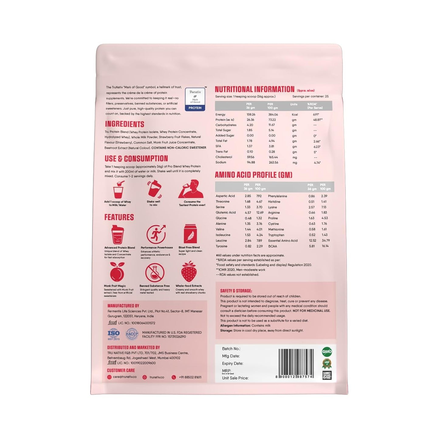 Trunativ Pro Blend Whey Protein Powder Isolate & Concentrate | 100% Light & Clean Protein Powder | 26g Protein | 6g BCAA | 12.52g EAA | No added sugar | Strawberry 2lbs (907g)