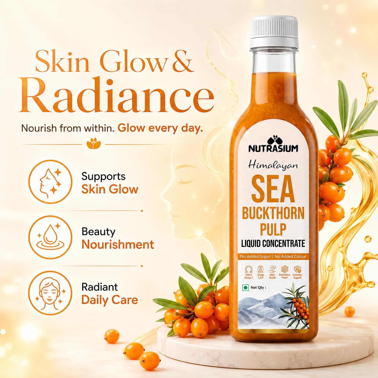 Nutrasium Himalayan Sea Buckthorn Berry Juice - 500 ml - Natural Source of Vitamin C, Omega 3 6 7 9, Antioxidants for Immunity, Skin Glow & Gut Health - 50 Glasses