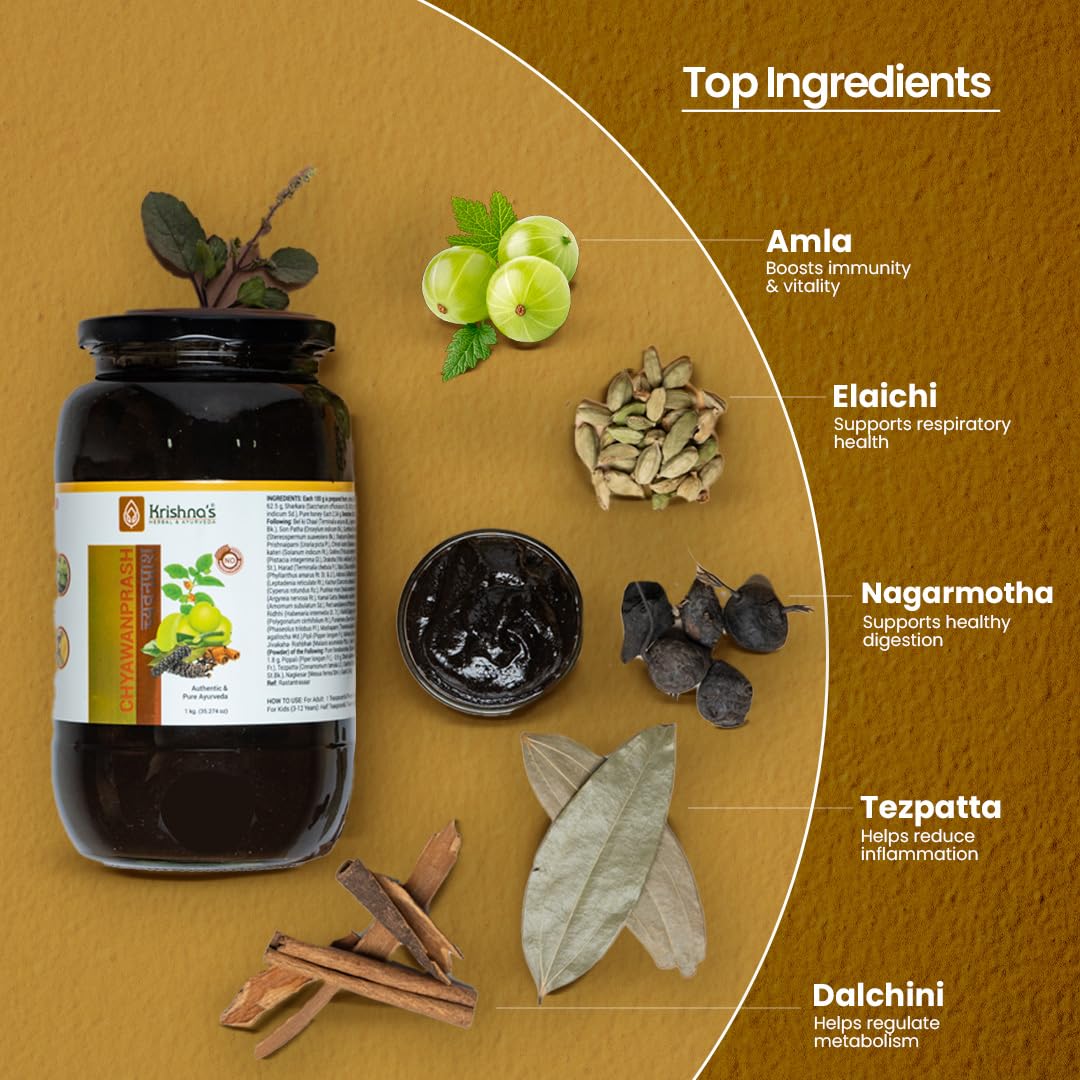 KRISHNA'S HERBAL & AYURVEDA Chyawanprash â€“ Preservative-Free, Boosts Stamina, Immunity and Strength for Kids & Adults, Made with Traditional Ayurvedic Process, 500g (Pack of 1)