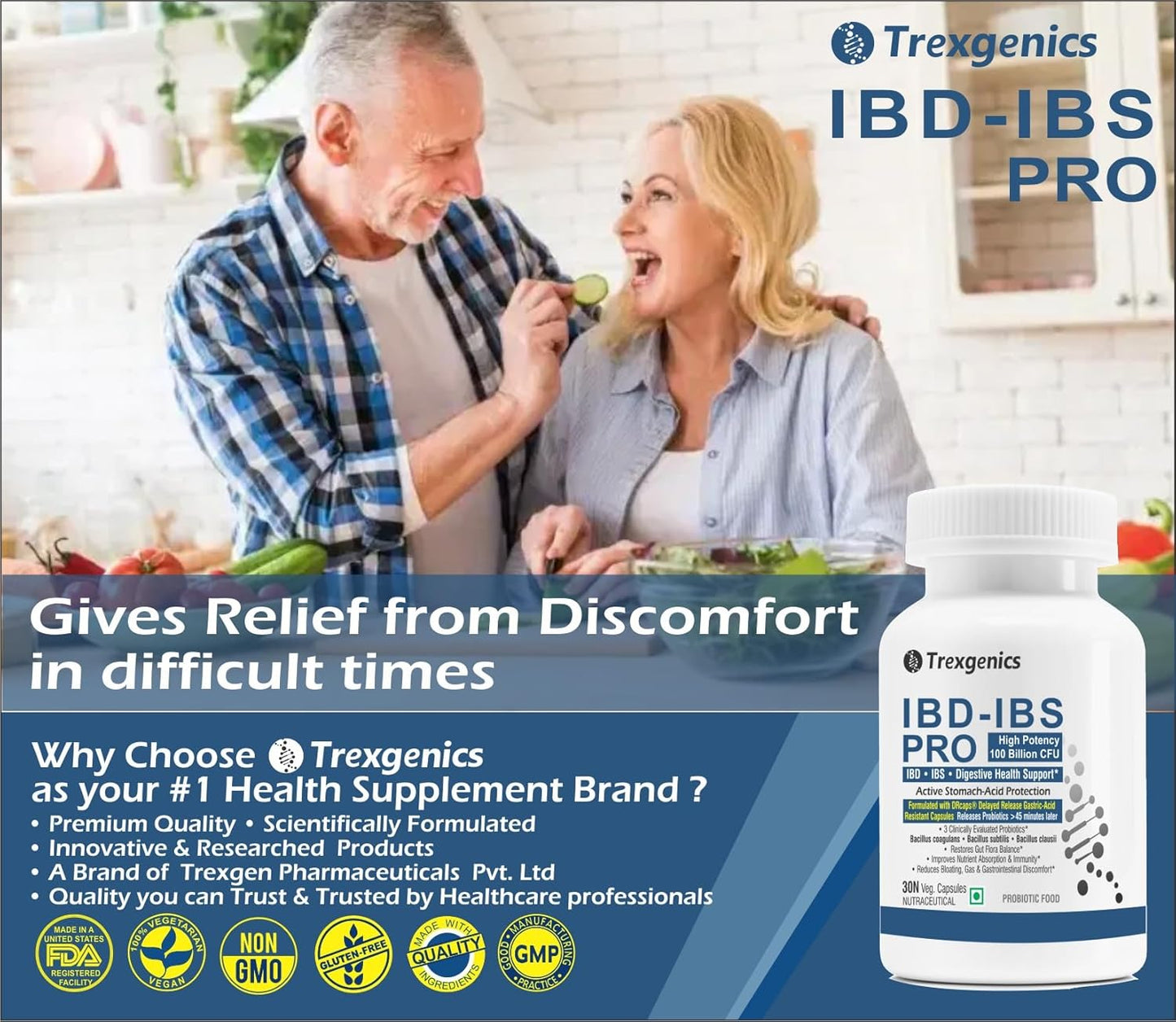 Trexgenics IBD-IBS PRO Digestive Health Delayed Release Gastric Protection Probiotics Bacillus coagulans, subtilis & clausii 100 Billion CFU (30 Veg Capsules)