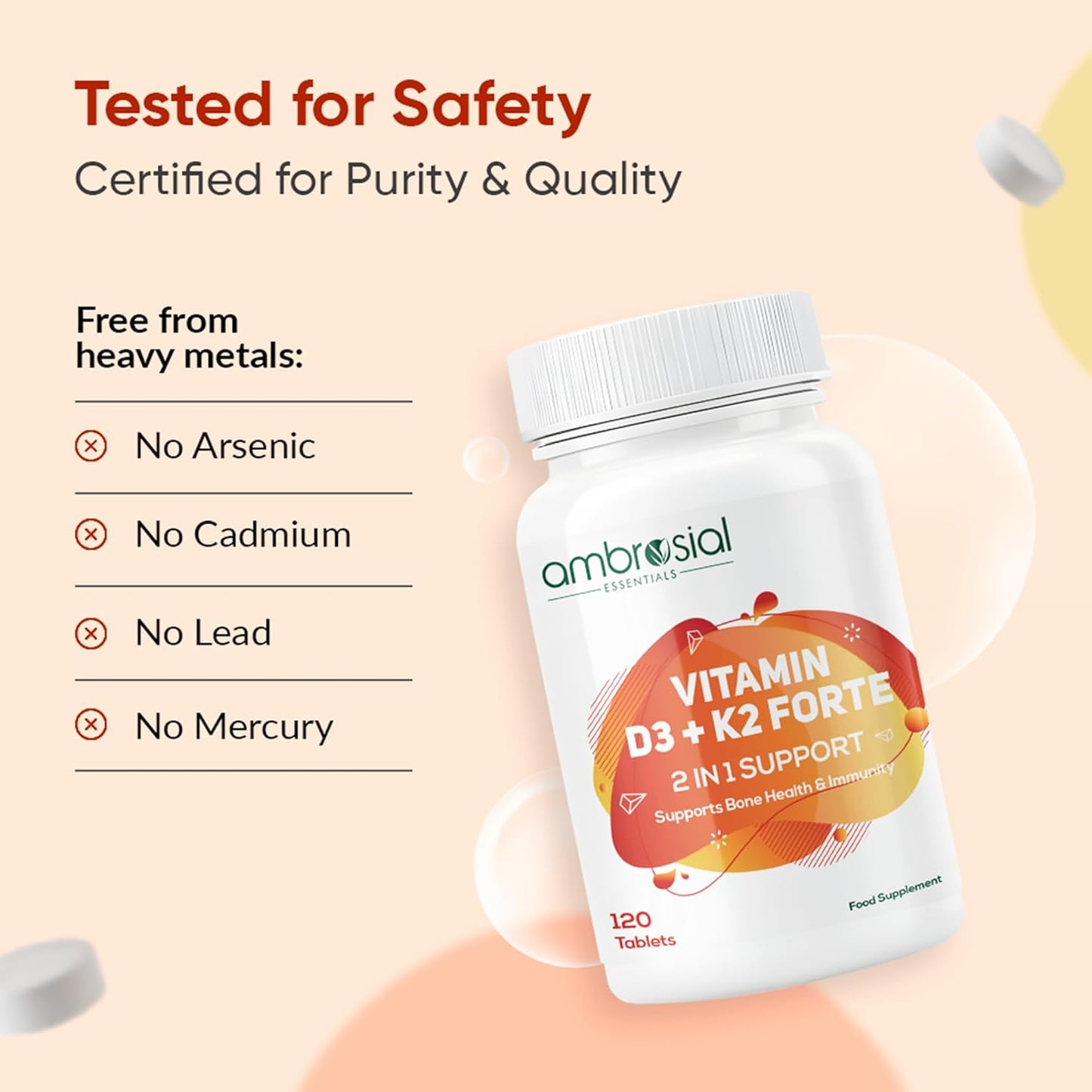 Ambrosial Vitamin D3 K2 Forte 120 Tablets | Vitamin D 3 k 2 Supplement for Bone, Heart & Immune Health Vitamin D3 (600 IU) with MK-7 Vitamin K2 | Plant-Based High Absorption Daily supplements