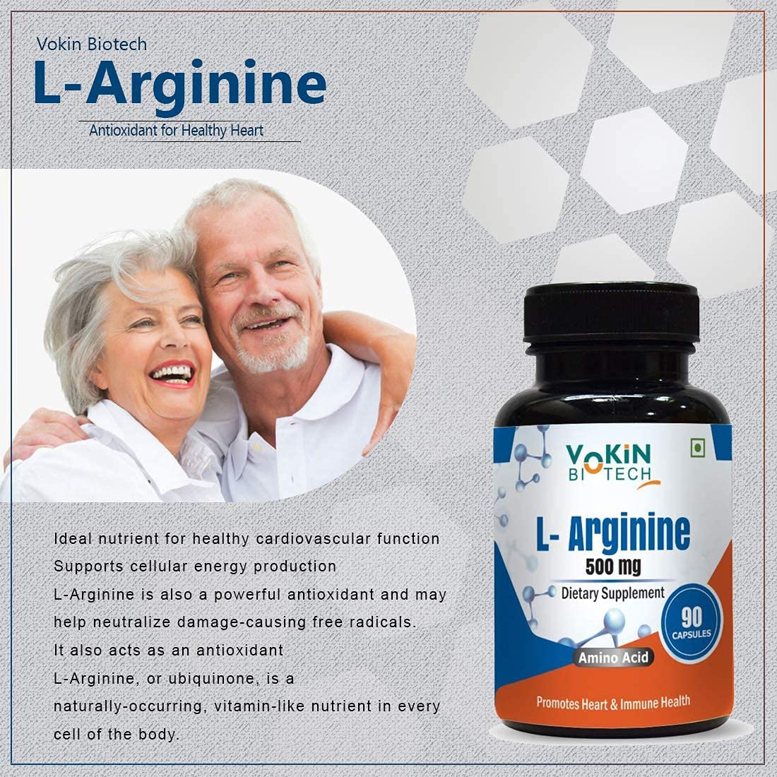 Vokin Biotech L Arginine 500mg 90 Capsules With Essential Amino Acid and Nitric Oxide