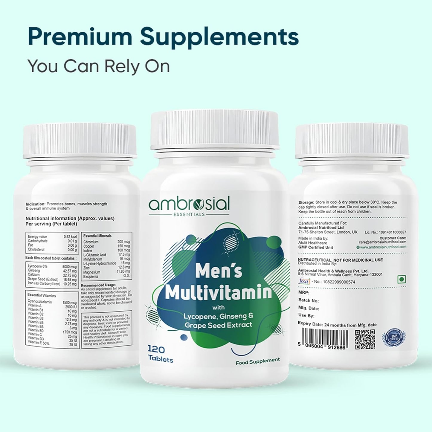 Ambrosial Men's Multivitamin Tablets - Multivitamin for Men with Lycopene, Ginseng & Grapeseed extract- Multivitamins for Men, Supports Muscle Strength, Immunity, Energy & Endurance 120 Tablets