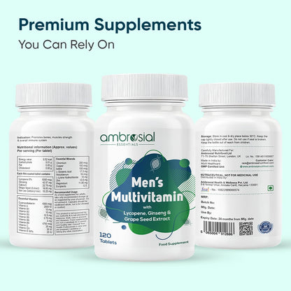 Ambrosial Men's Multivitamin Tablets - Multivitamin for Men with Lycopene, Ginseng & Grapeseed extract- Multivitamins for Men, Supports Muscle Strength, Immunity, Energy & Endurance 120 Tablets