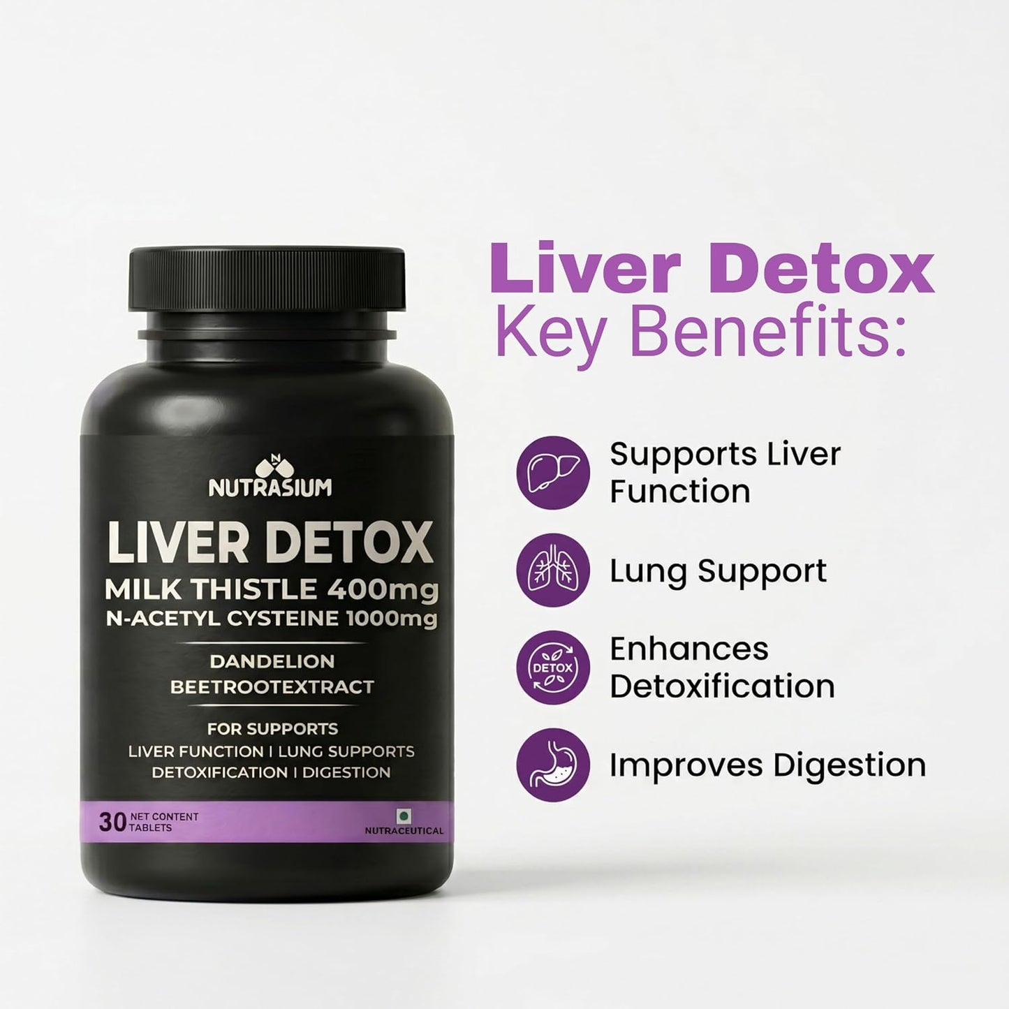 Nutrasium Liver & Lung Detox Supplemets | Milk Thistle- 400 mg | N-Acetyl Systeine 1000 mg | Dandelion & beet root For Support Lung & Liver Health | 60 Tablets (60 Tablets, Liver Detox)