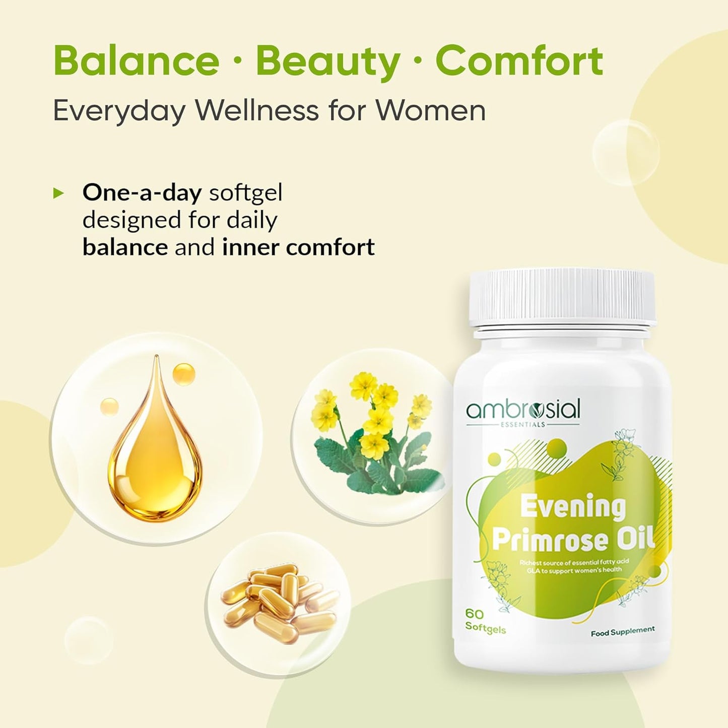 AMBROSIAL Evening Primrose Oil (EPO) 1000mg | 60 Capsules | Rich Source of Omega 6 & GLA | Non-GMO, Gluten Free | No Artificial Preservatives (Pack of 1-60 Softgels)