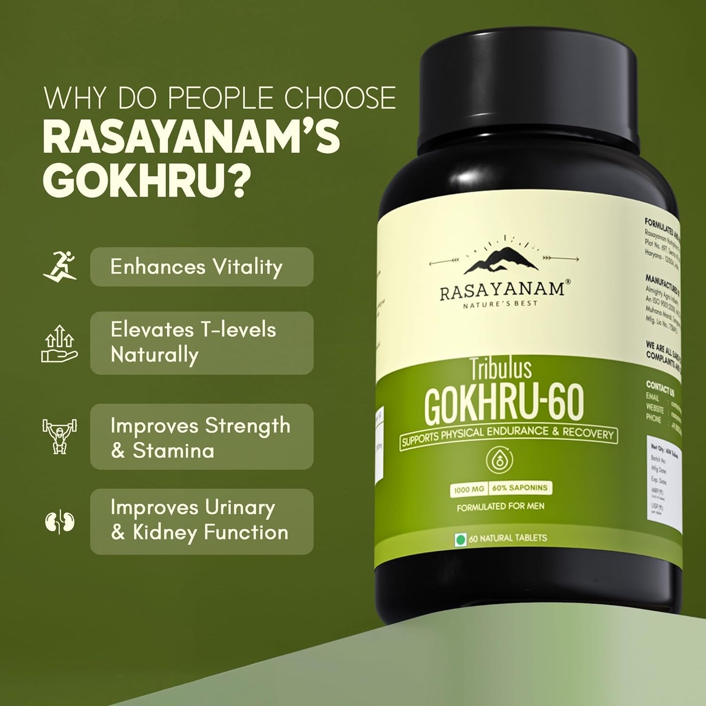 Rasayanam Gokshura Tablets 1000mg Gokhru per Serving, Highest Saponins 60%, Tribulus Terrestris for Men & Women | Improves Energy, Muscle Strength, Stamina & Supports Recovery - 60 Tablets