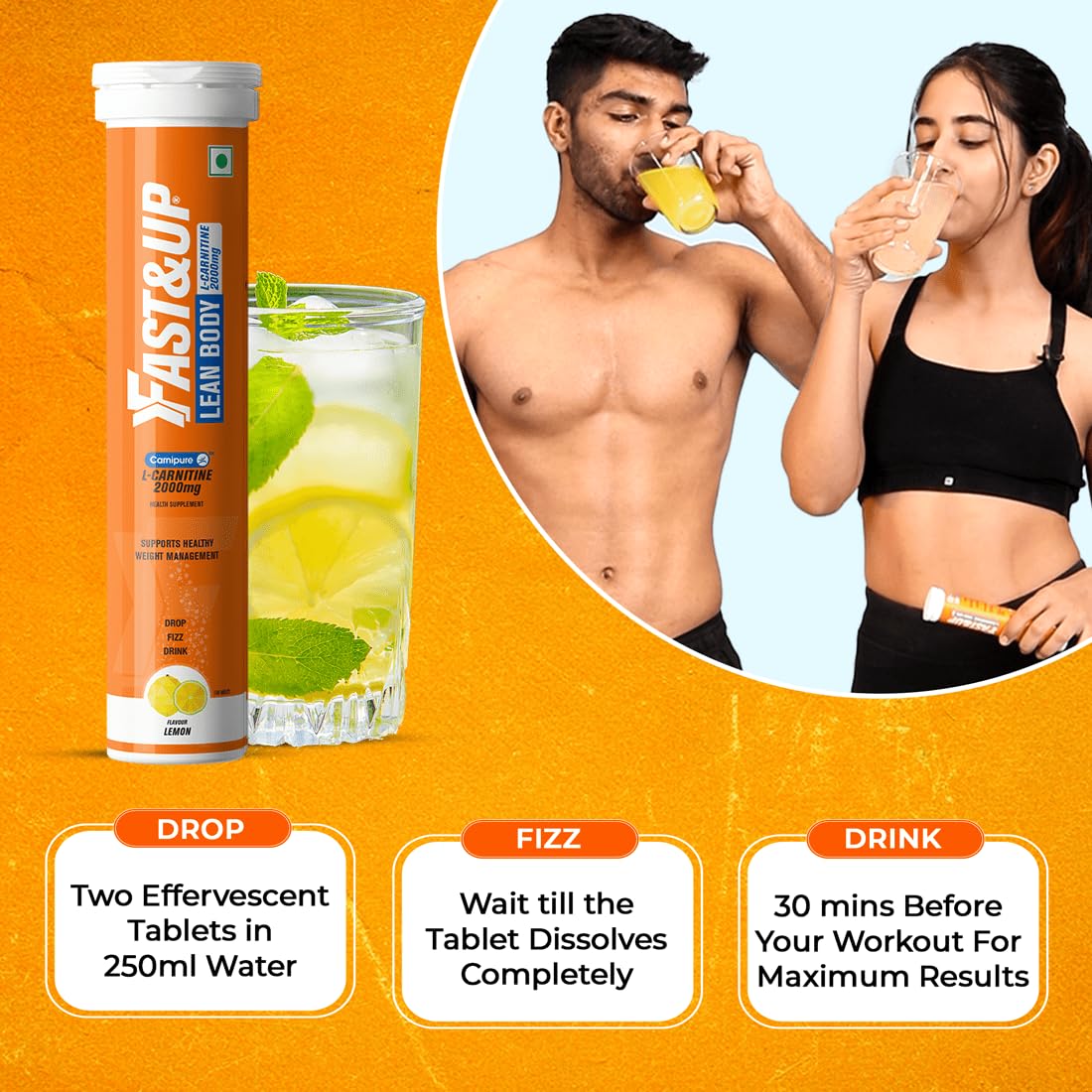 FAST&UP L-Carnitine 2000Mg Effervescent Tablets|Premium CarnipureÂ® Carnitine Supplement|Helps Convert Fat Into Energy, Supports Weight Loss, Fat Burn & Lean Muscle|Orange Flavour, 20 Tabs (Pack of 1)