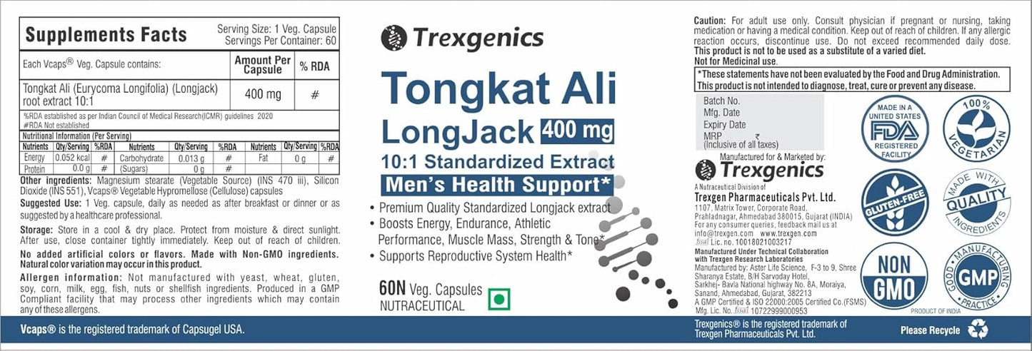 Trexgenics TONGKAT ALI LONGJACK 10:1 extract 400 mg Premium Men's Health Energy, Endurance, Athletic Performance Support (60 Veg. Capsules) (Pack of 1)