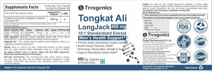 Trexgenics TONGKAT ALI LONGJACK 10:1 extract 400 mg Premium Men's Health Energy, Endurance, Athletic Performance Support (60 Veg. Capsules) (Pack of 1)