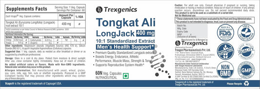 Trexgenics TONGKAT ALI LONGJACK 10:1 extract 400 mg Premium Men's Health Energy, Endurance, Athletic Performance Support (60 Veg. Capsules) (Pack of 1)